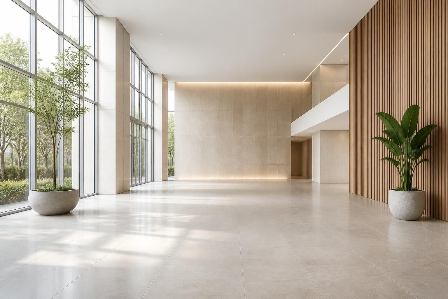 Bright immaculate commercial lobby with open space and polished floors.