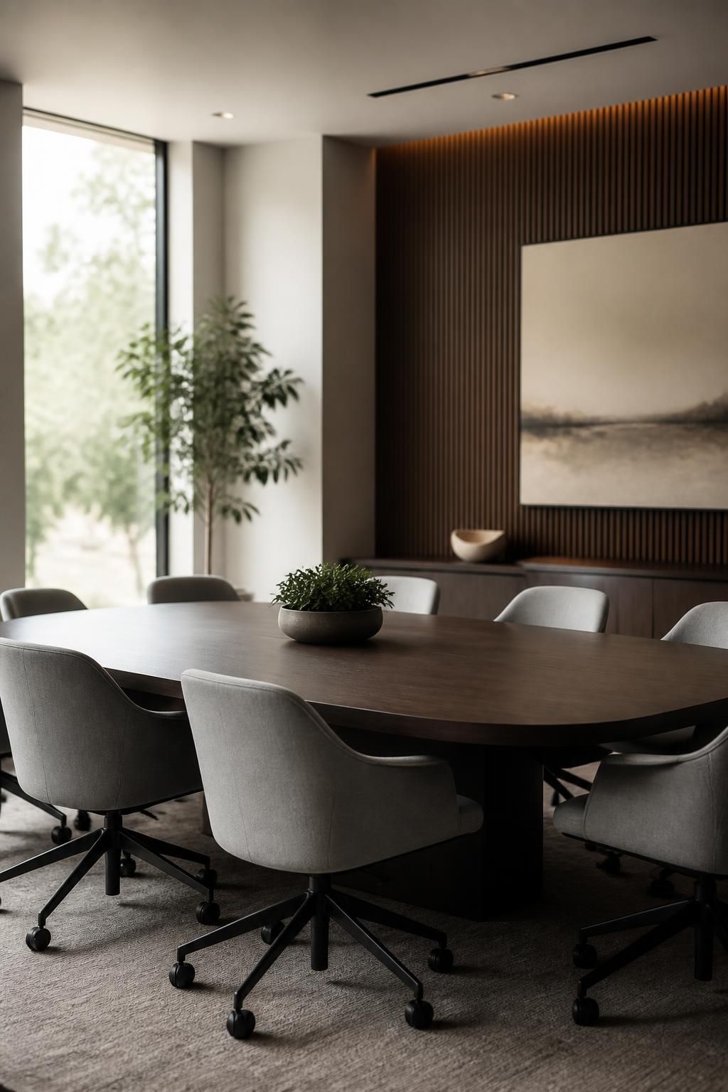 Freshly cleaned modern workspace with tidy seating and soft light.