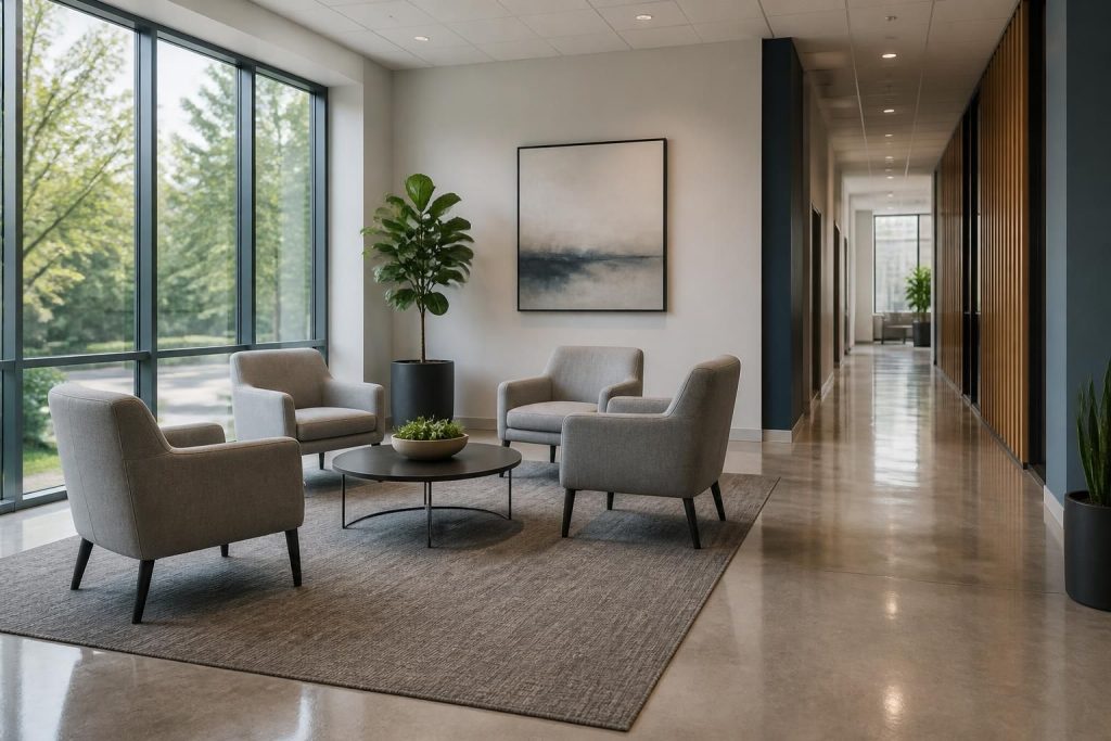 Spotless commercial office interior with polished floors and natural daylight.